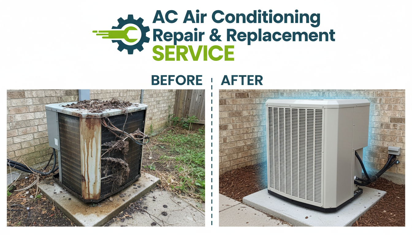 Before and after AC replacement in Lakewood CO — old rusted unit replaced with modern high-efficiency air conditioner by Casa Lake Plumbing