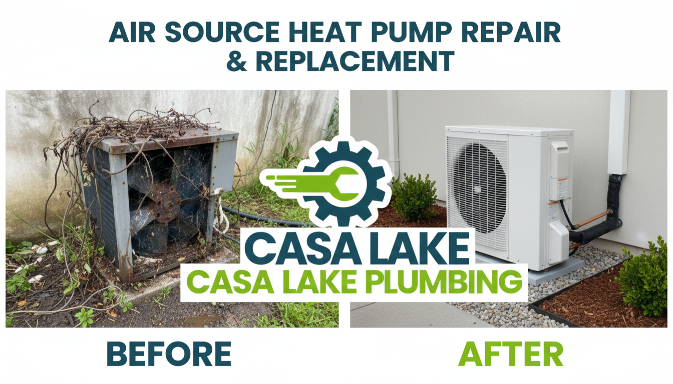 Before and After Air Source Heat Pump Replacement in Lakewood CO - Old rusted condenser replaced with new high-efficiency heat pump unit by Casa Lake Plumbing