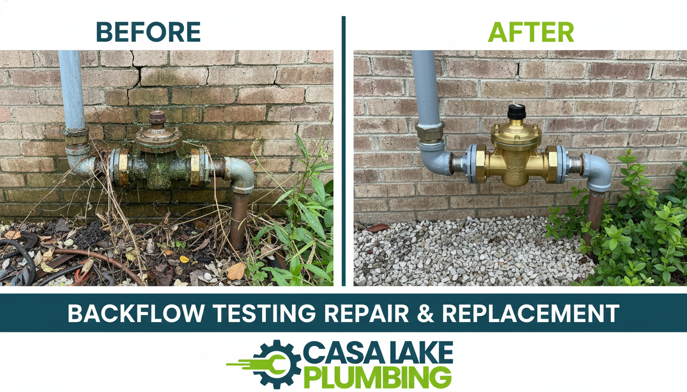 Before and After Backflow Preventer Replacement in Lakewood CO — Corroded device replaced with new code-compliant assembly by Casa Lake Plumbing