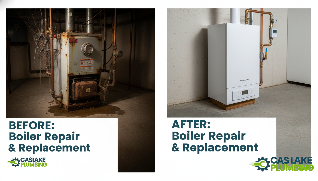 Before and after boiler replacement in Lakewood CO — old corroded boiler replaced with modern high-efficiency unit by Casa Lake Plumbing