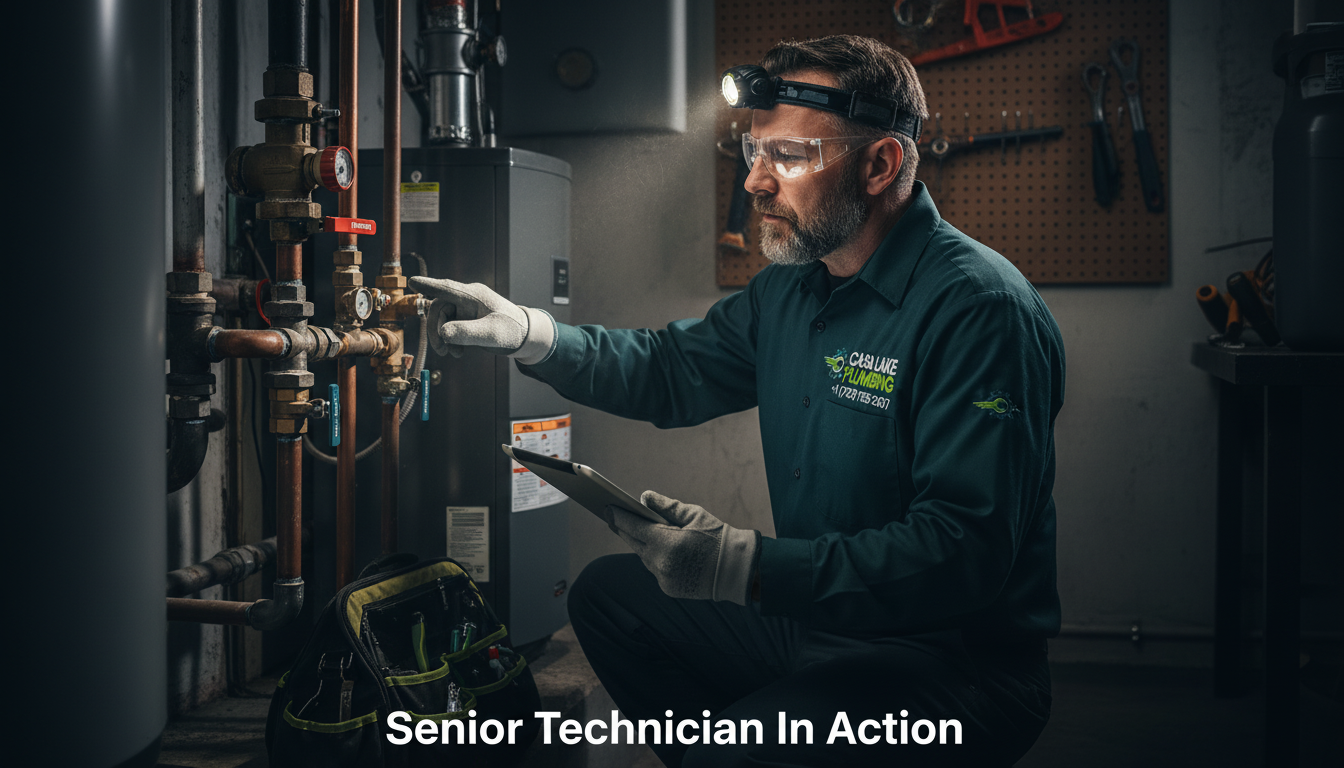 Casa Lake Plumbing senior technician performing boiler and piping inspection in Lakewood CO