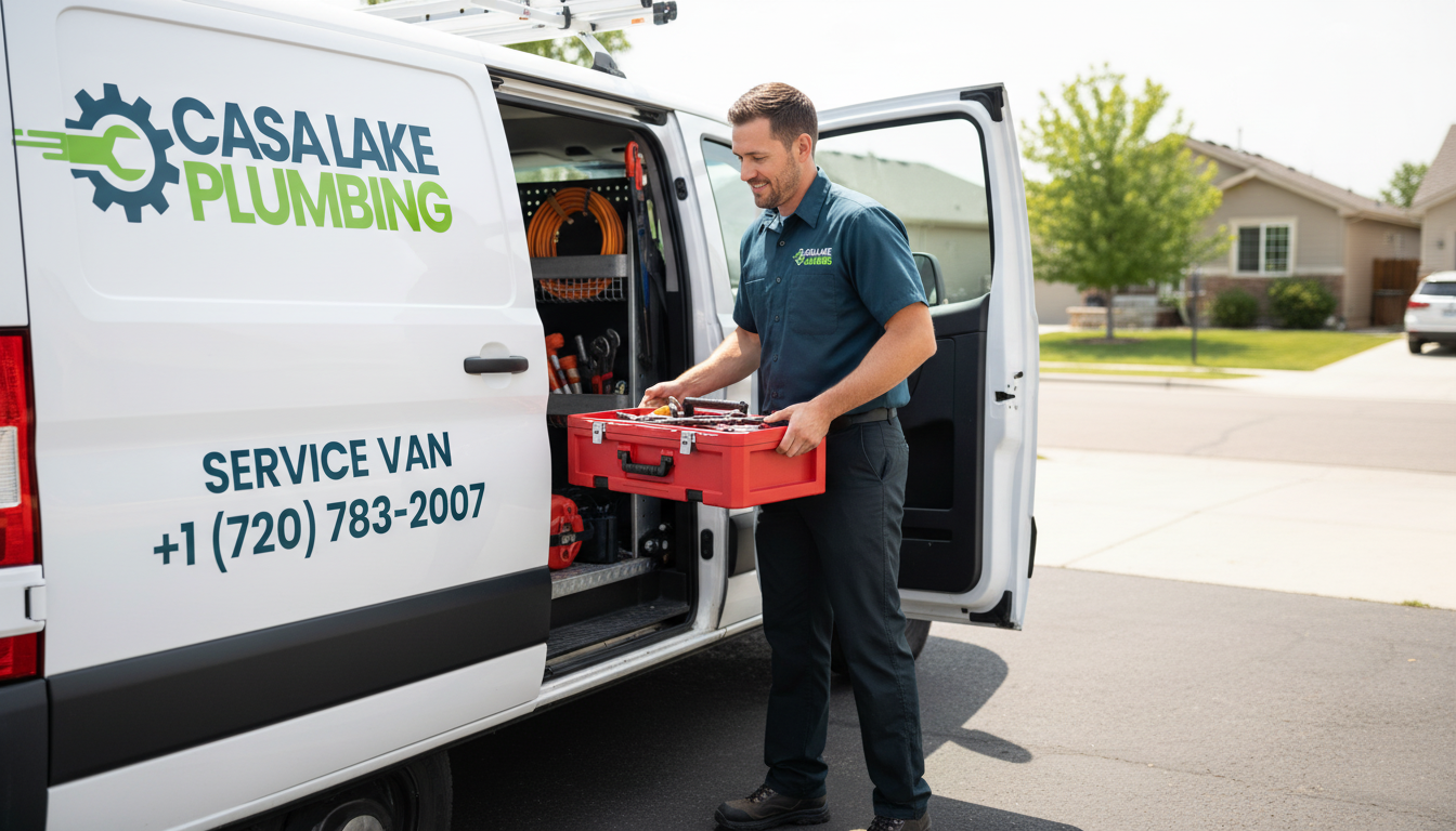 Casa Lake Plumbing Service Van and Technician with Toolbox Ready for Plumbing Service in Lakewood CO