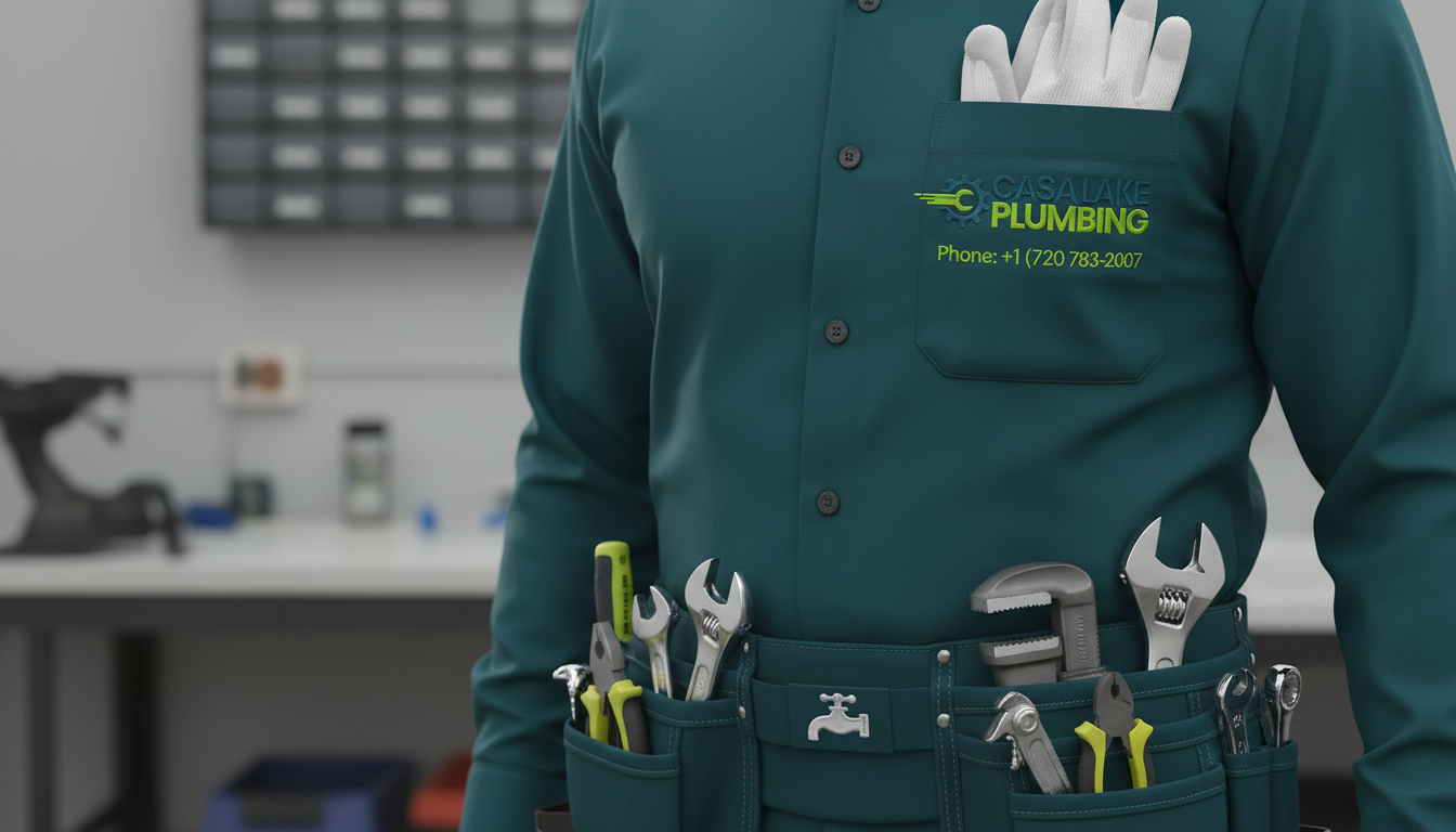 Casa Lake Plumbing Professional Plumber in Uniform with Tool Belt Ready for Emergency Service in Lakewood CO