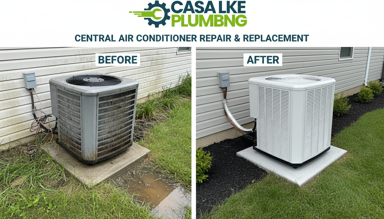 Before and after central air conditioner replacement in Lakewood CO - old weathered condenser unit replaced with new modern high-efficiency central AC by Casa Lake Plumbing