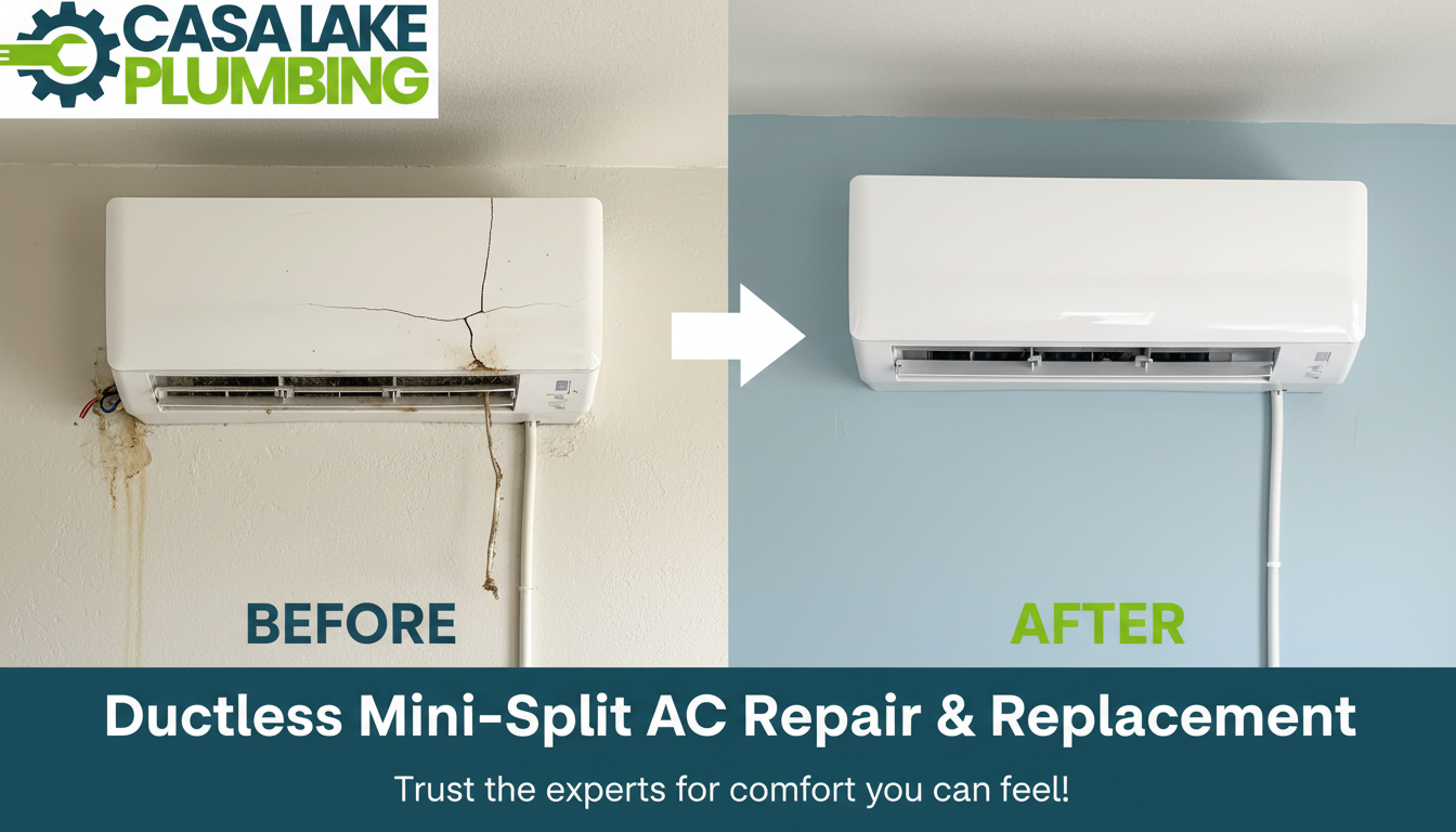 Ductless Mini-Split AC Repair and Replacement Before and After - Casa Lake Plumbing Lakewood CO - Old failing mini-split replaced with modern efficient wall-mounted system
