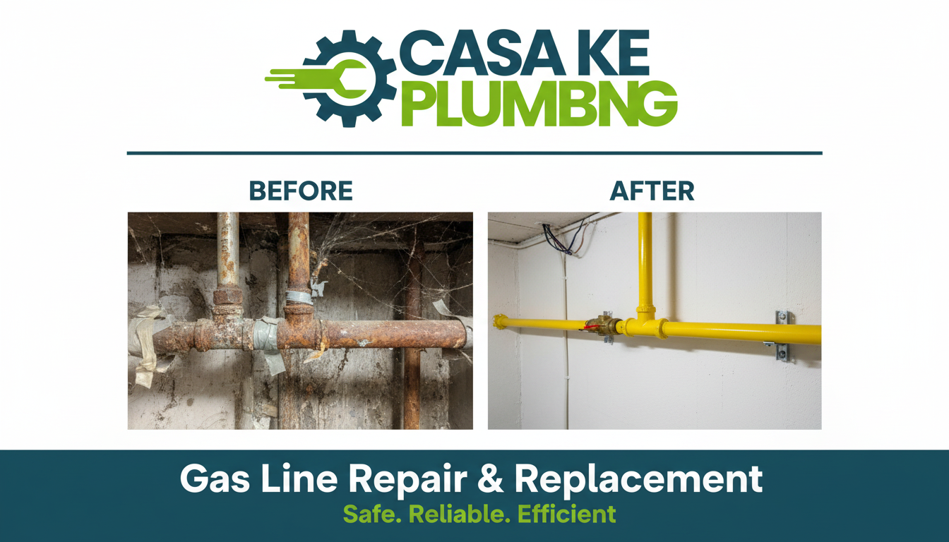 Before and after gas line repair and replacement showing corroded pipe replaced with new code-compliant gas piping in a Lakewood CO home - Casa Lake Plumbing