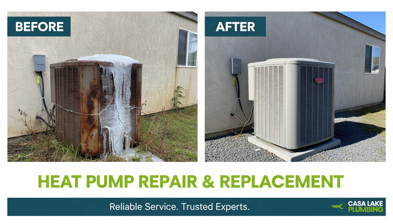 Before and After Heat Pump Repair and Replacement in Lakewood CO — Old failing system replaced with new high-efficiency heat pump by Casa Lake Plumbing