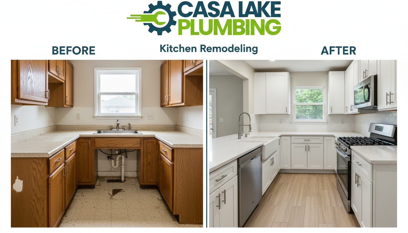 Kitchen Remodeling Before and After Transformation - Casa Lake Plumbing Lakewood CO - Dark outdated kitchen converted to bright modern kitchen with new cabinets countertops and plumbing fixtures
