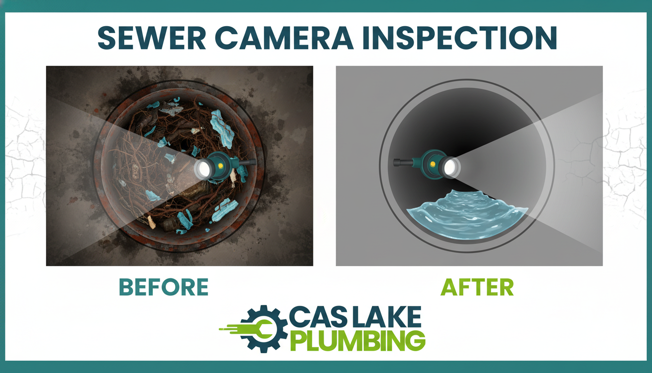 Before and after sewer camera inspection in Lakewood CO - showing clear video view inside sewer pipes revealing roots, cracks and blockages identified by Casa Lake Plumbing
