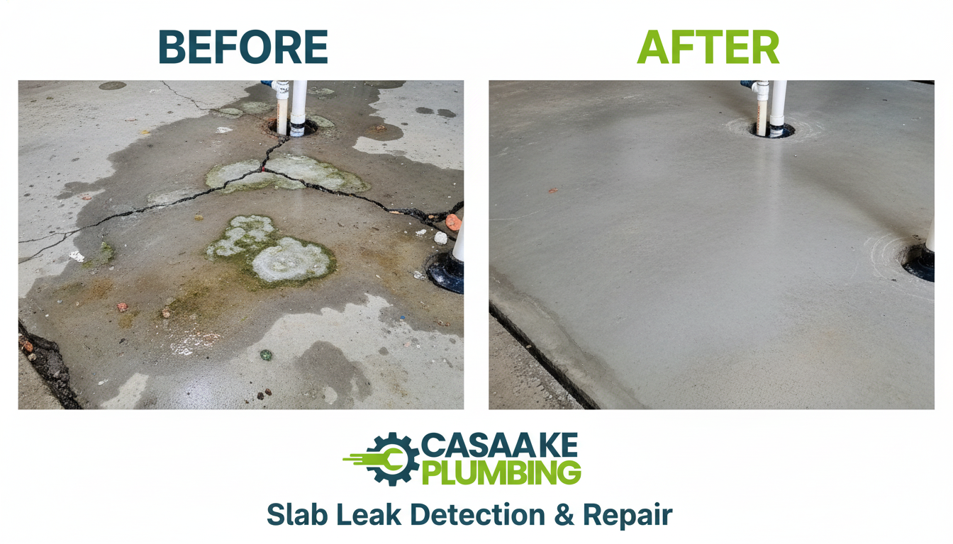 Before and After Slab Leak Detection and Repair - Concrete foundation leak located and fixed by Casa Lake Plumbing in Lakewood CO