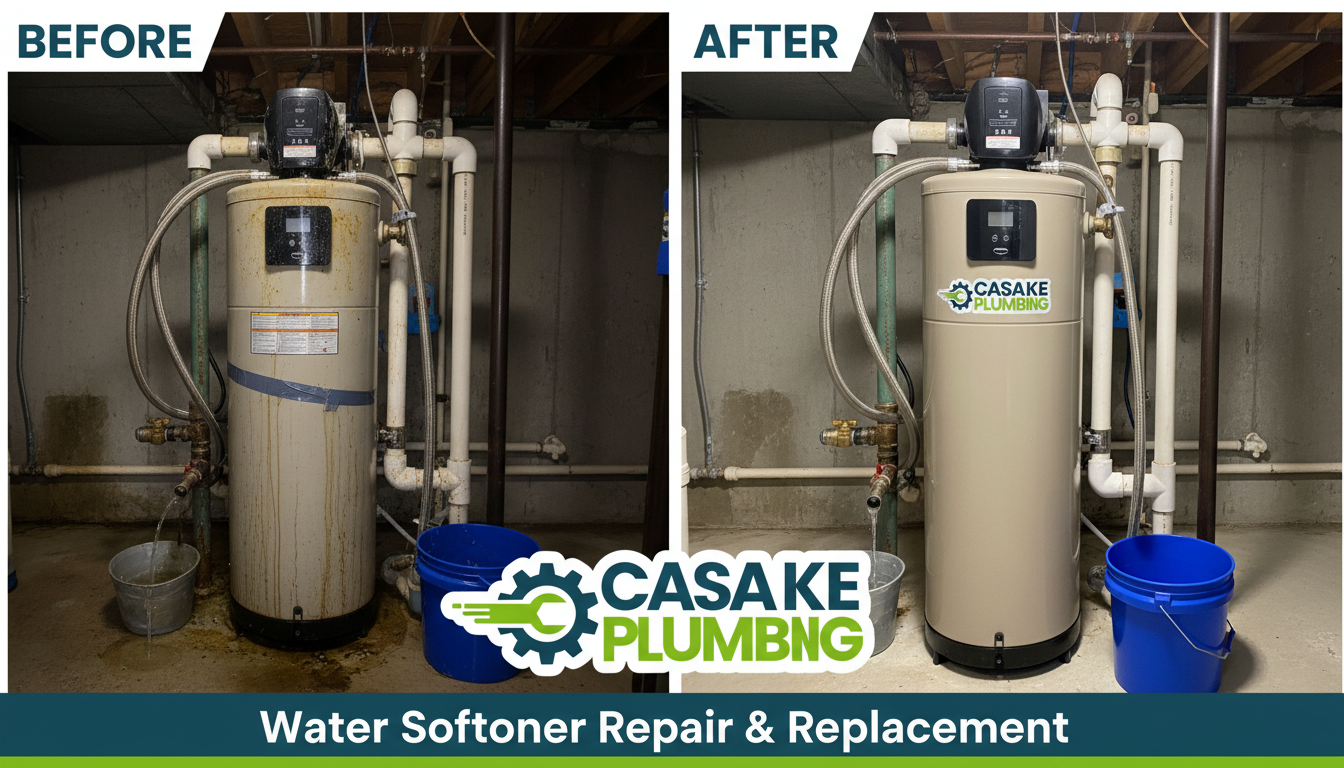 Before and after water softener repair and replacement in Lakewood CO - showing clean fixtures and reduced scale buildup after Casa Lake Plumbing service